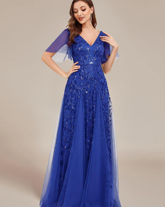 Zia | Fitted V-Neck Ruffle Sleeve Evening Dress