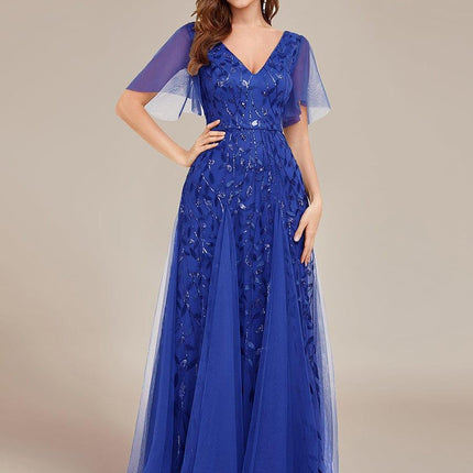 Zia | Fitted V-Neck Ruffle Sleeve Evening Dress