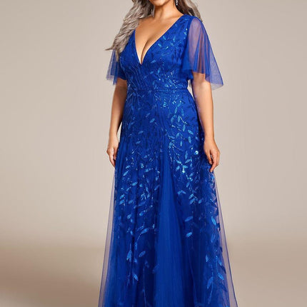 Zia | Fitted V-Neck Ruffle Sleeve Evening Dress