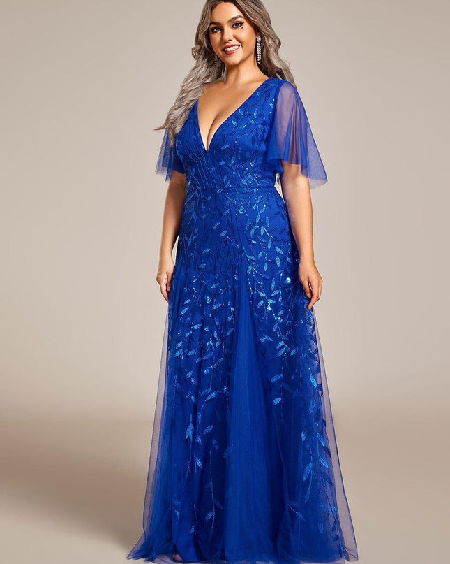 Zia | Fitted V-Neck Ruffle Sleeve Evening Dress