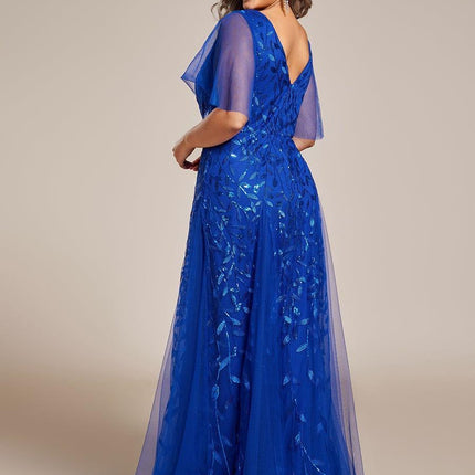 Zia | Fitted V-Neck Ruffle Sleeve Evening Dress