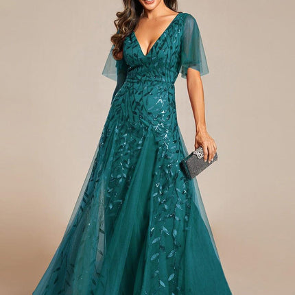 Zia | Fitted V-Neck Ruffle Sleeve Evening Dress