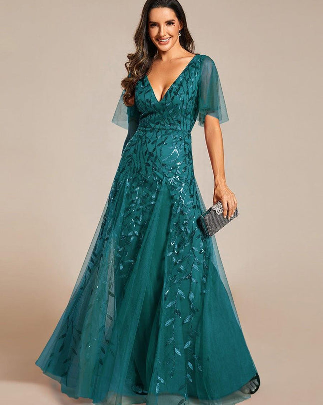 Zia | Fitted V-Neck Ruffle Sleeve Evening Dress