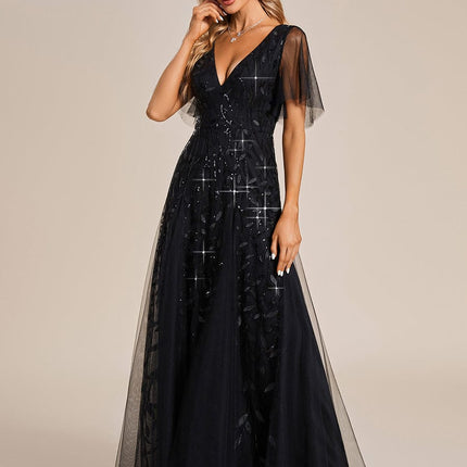 Zia | Fitted V-Neck Ruffle Sleeve Evening Dress
