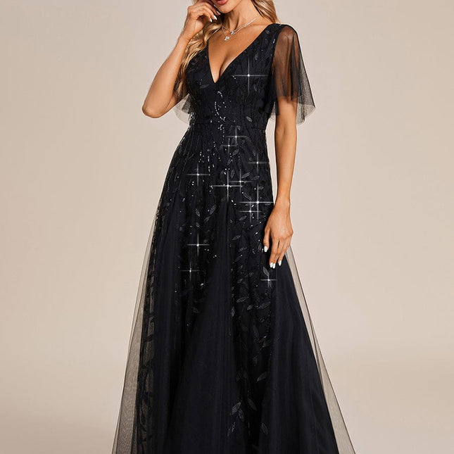 Zia | Fitted V-Neck Ruffle Sleeve Evening Dress