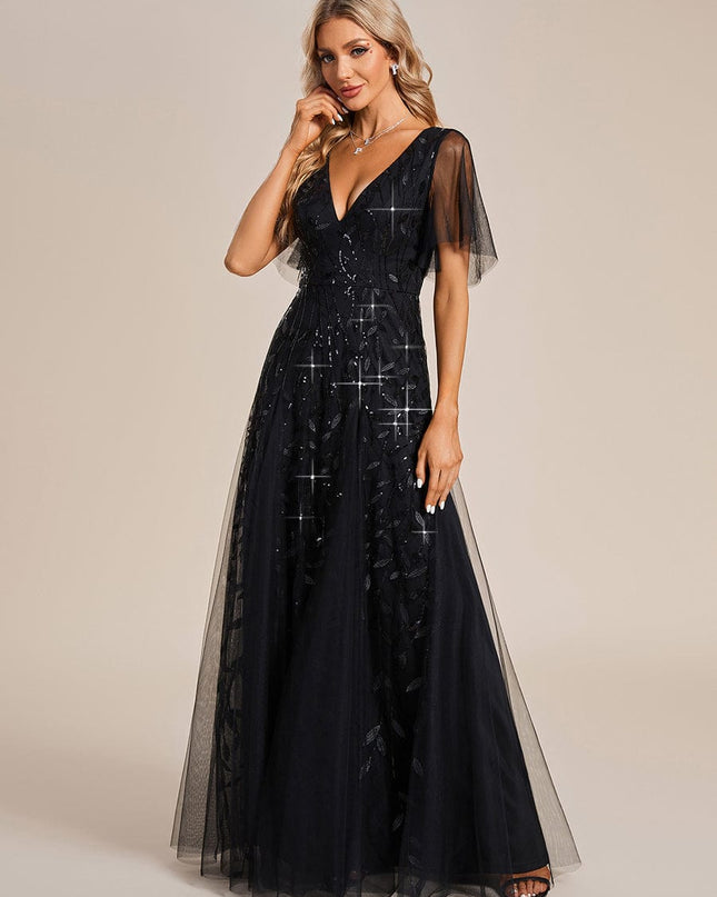 Zia | Fitted V-Neck Ruffle Sleeve Evening Dress